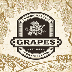 Retro grapes label on harvest landscape. Editable EPS10 vector illustration in woodcut style with clipping mask and transparency.