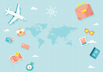 Funny travel icons and map of the world © mjdiseo