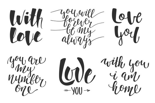 Set of vector love romantic lettering for greeting cards, decoration, prints and posters. Hand drawn typography design elements. Handwritten lettering. Modern ink brush calligraphy.
