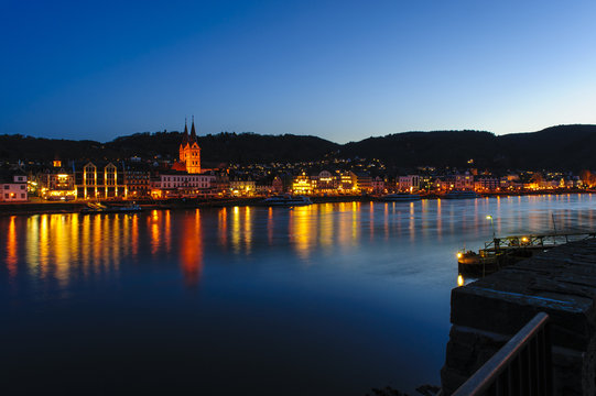 Boppard skyline in the evening, illuminated