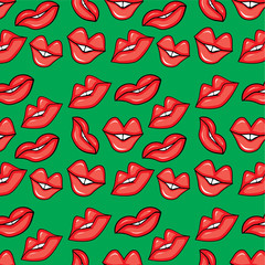 Red lips seamless pattern on a green background