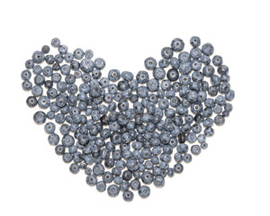 Blueberries in the shape of a heart isolated on white background