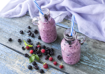 Healthy breakfast of milkshake made from blended blueberries and blackberries with yogurt.