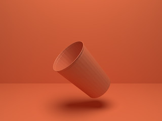 Realistic 3D illustration of the levitating plastic cup on a red background.