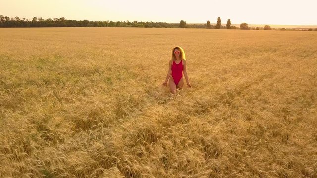 Young beautiful girl in red walking in field. Aerial view. 4K
