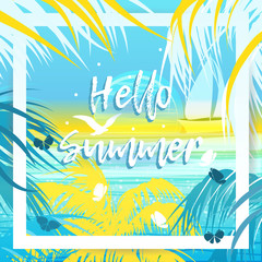 Fototapeta na wymiar Tropical landscape. Palms, sun, yacht, flying seagull and butterflies. White border, summer typography, card, poster