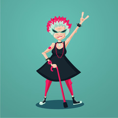 Forever young old lady. Funny old rock fan. Active senior woman. Humorous illustration.