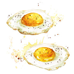 Fried eggs. Watercolor Illustration. 