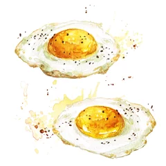 Fotobehang Gebakken eieren. Aquarel illustratie. © nataliahubbert
