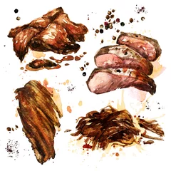 Tuinposter Variety of cooked meat. Watercolor Illustration.  © nataliahubbert