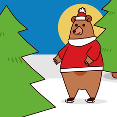 Bär in Weihnachtskleidung in Winterlandschaft