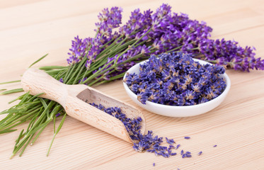 lavender flowers / Porcelain bowl with dried  lavender flowers and bouquet with lavender 