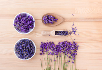 lavender flowers / Porcelain bowl with dried  lavender flowers and bouquet with lavender