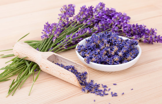 Fototapeta lavender flowers / Porcelain bowl with dried  lavender flowers and bouquet with lavender 