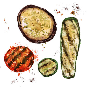 Grilled sliced vegetables. Watercolor Illustration. 