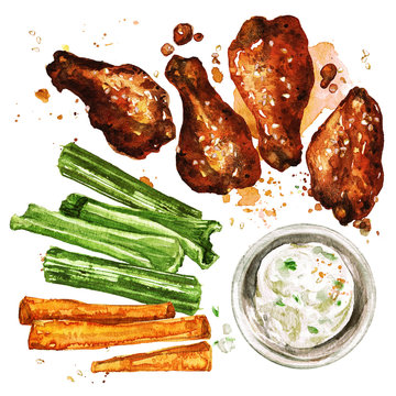 Chicken wings and dip. Watercolor Illustration. 