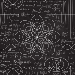 Scientific vector seamless pattern with geometry figures, formulas and tasks solutions, handwritten with chalk on grey blackboard. Science endless texture
