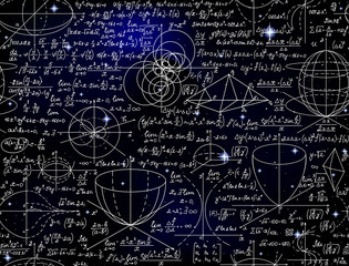 Math vector endless seamless pattern with formulas, figures and calculations handwritten on the starry space background. Scientific endless texture