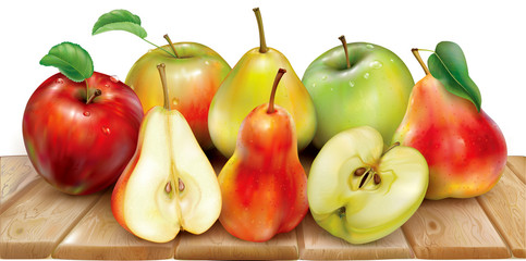 Apples and pears on a wooden surface