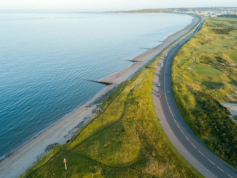 View from above of road seafront beach golf Aberdeen Scotland UK