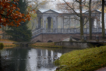 Autumn landscape with Marble bridge in Tsarskoe Selo