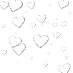 Random white paper hearts. Scatter horizontal lines with random white paper hearts on white background. Vector illustration.