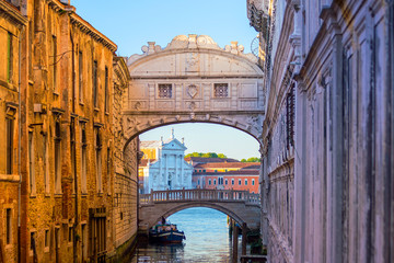 View of canal and the famous Bridge of Sighs in Venice