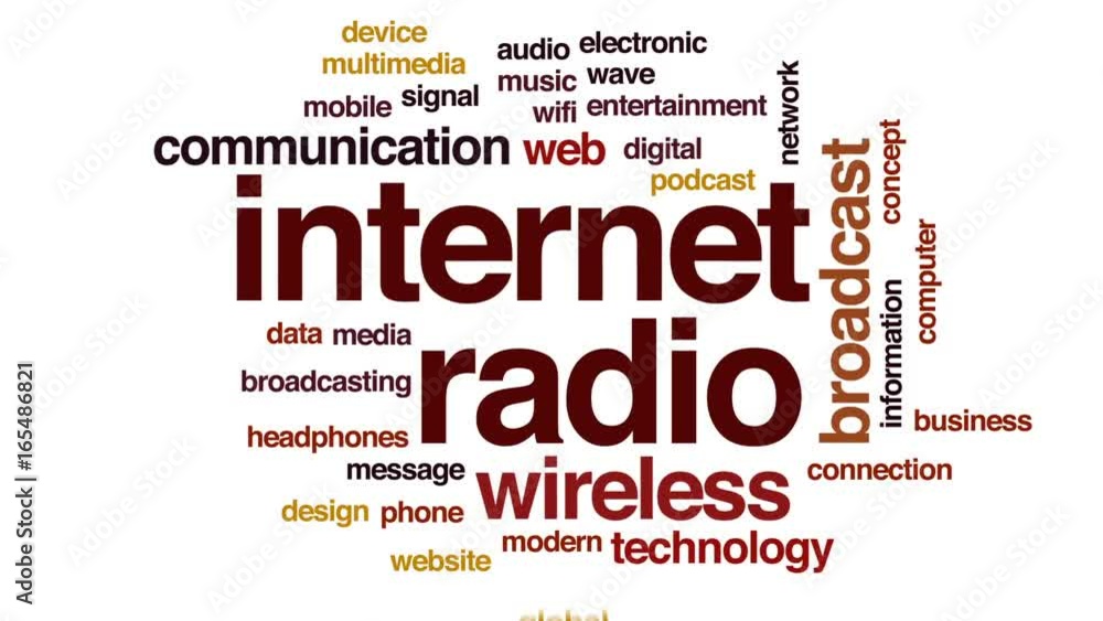 Aufkleber internet radio animated word cloud, text design animation.