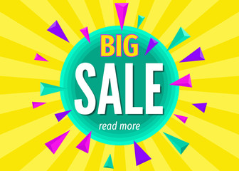 Big  sale banner on  bright colorful geometric  background.