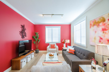 Modern red living room. Interior design. 