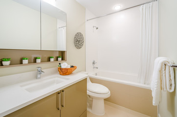 Interior design of a beautiful bathroom in a house hotel.