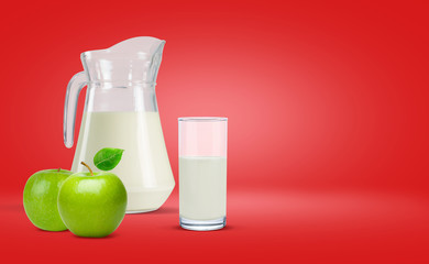 Red background water bottle and apple milk in the glass