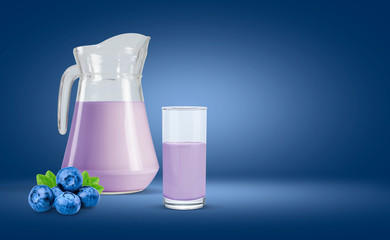 Blue background water bottle and blueberry milk in the glass