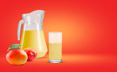Red background water bottle and mango milk in the glass