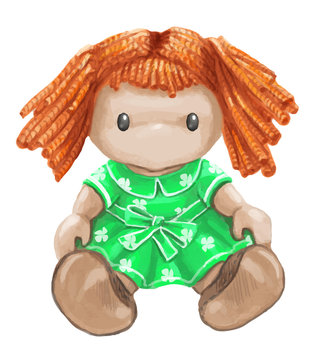 Doll vector. Rag toy. Threads, red hair, green dress.