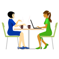 Infographics: women are sitting in a coffee shop. The girl in a blue dress offering a cup of coffee to her friend. The girl in the green dress typing on a laptop.