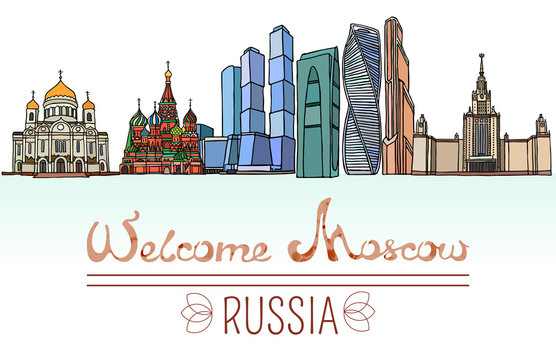 Set of the landmarks of Moscow city, Russia. Vector Illustration. Business Travel and Tourism. Russian architecture. Color silhouettes of famous buildings located in Moscow.