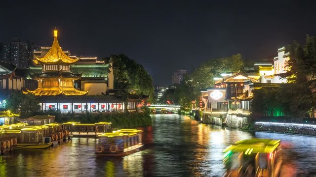 Time Lapse of Nanjing Confucius Temple scenic region and Qinhuai River at night,nanjing landmark,