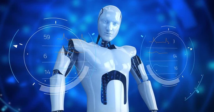 Humanoid male robot turning slowly with digital hud. 4K+ 3D digital animation.