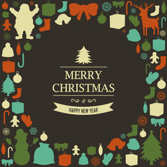 Christmas greeting card with merry christmas and happy new year wishes. Christmas design elements. Vector