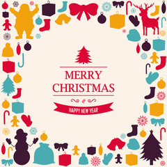 Christmas greeting card with merry christmas and happy new year wishes. Christmas design elements. Vector