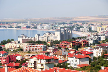 Panorama of the beautiful houses and red roofs, the sea of the Balkan mountain Bulgaria summer resort