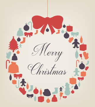 Christmas greeting card with merry christmas and happy new year wishes. Christmas design elements. Vector