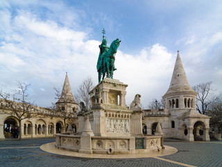 Fototapeta na wymiar Equestrian statue of Stephen I of Hungary at the Fisherman's Bastion in Budapest