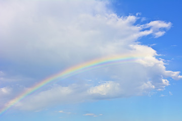 Rainbow under the white cloud on the azure sky.
Azure sky with a rainbow and a cloud.