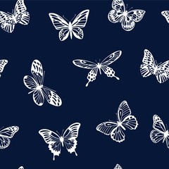 Pattern with white silhouettes of butterflies on blue background. Vector.