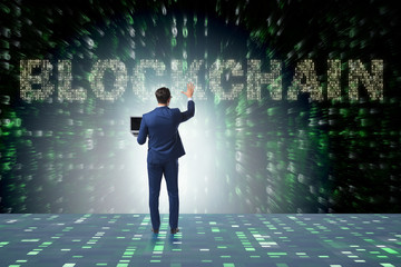 Fototapeta premium Businessman in blockchain cryptocurrency concept