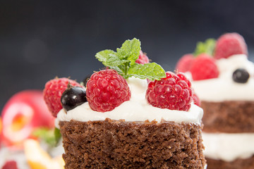 Chocolate cake decorated with raspberry, black currant, wipped cream and mint.