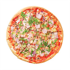 Delicious pizza with ham and arugula on white. Top view