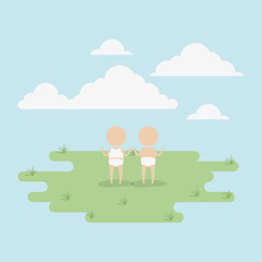 color background sky landscape and grass with silhouette set pictogram couple little babys vector illustration